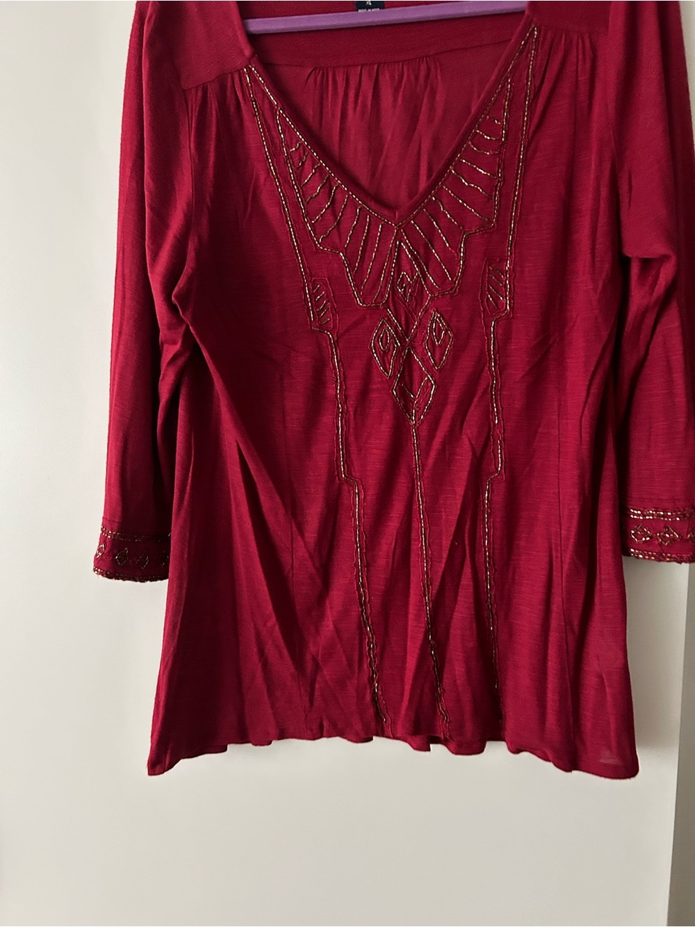 Lucky Brand Red V-Neck Embellished Tunic Top